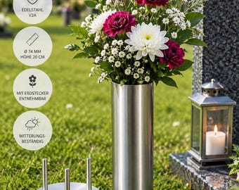Gravvas 74 mm tillverkad av rostfritt stål med markspett 200 mm vas