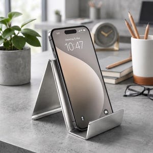 Könnte beinhalten: Ein silberfarbener Smartphone-Ständer aus Metall mit einer abgewinkelten Stützstruktur und einer vorderen Lippe zum Halten des Geräts. Der Ständer besteht aus einem einzigen Stück gebogenem Metall mit einer glatten, matten Oberfläche.