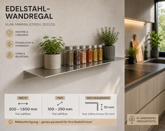 Wandplank van roestvrij staal | Zwevende plank voor de keuken | Modern kruidenrek | Roestvrij | Handgemaakt in Duitsland, 200-1500 mm breed, 100-250 mm diep