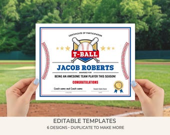 T-Ball Participation Certificate Template | Editable T-Ball Award | Team Certificate Printable