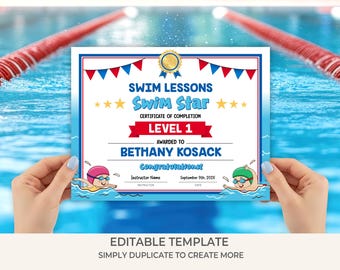 Swim Star Certificate Template | Editable Swim Lesson Award for Kids | Printable Swimming Achievement Certificate | Instant Download