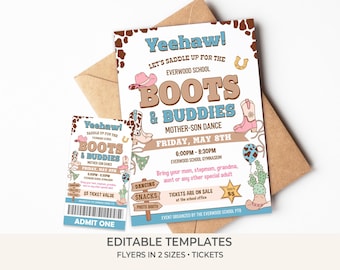 Mother Son Barn Dance Flyer Ticket Templates | Boots & Buddies School Dance | Editable PTO PTA School Fundraiser