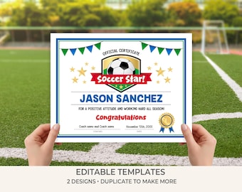 Soccer Participation Certificate Template | Editable Soccer Star Award for Kids | Team Certificate