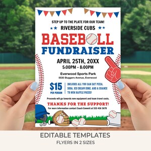 Puede incluir: Un folleto de recaudación de fondos de béisbol con acentos rojos, blancos y azules. El folleto incluye el texto "BASEBALL FUNDRAISER" y detalles para un evento en Everwood Sports Park. También se incluye un dedo de espuma rojo y gráficos de béisbol.