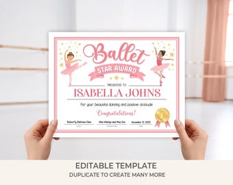 Ballet Star Certificate Template | Editable Ballet Award for Girls | Printable Certificate