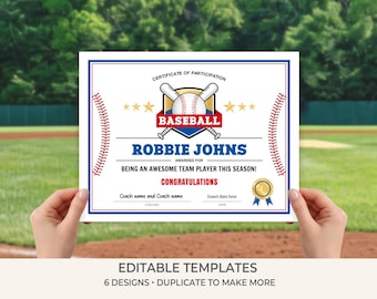 Baseball Participation Certificate Template | Editable Baseball Award | Team Certificate Printable