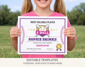 T-Ball Award Certificate Bundle | Editable T-Ball Certificates | Team Awards Printable