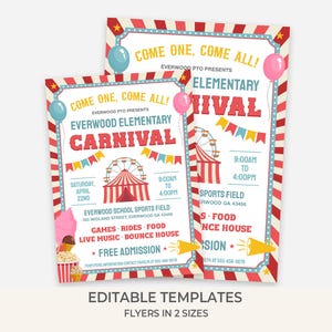 Könnte beinhalten: Zwei Flyer zum Thema Karneval mit rot-weiß-blauen Rändern. Die Flyer lauten "Kommt alle!" und werben für den Everwood Elementary Carnival mit einer Riesenrad-Grafik, Spielen und Essen. Die Flyer sind in zwei Größen erhältlich.