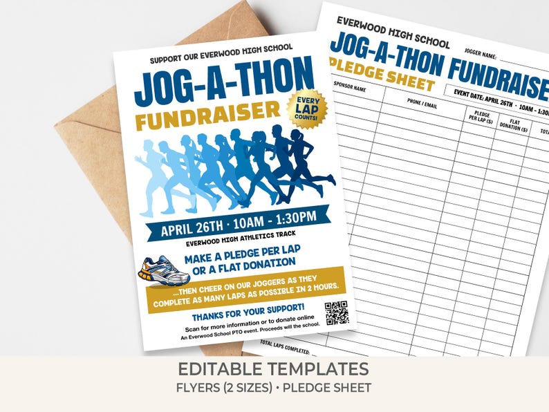 Cleanathon Template Jog-a-thon Fundraiser Flyer & Pledge Sheet Template | Editable Fun Run ...