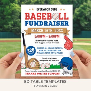 Op de afbeelding: Een honkbal fundraiser flyer voor de Everwood Cubs, met rode en blauwe tekst en een honkbalafbeelding. De flyer bevat evenementdetails, datum, tijd, locatie en een lijst met inbegrepen items. De flyer wordt vastgehouden door handen met lichtblauwe nagellak.