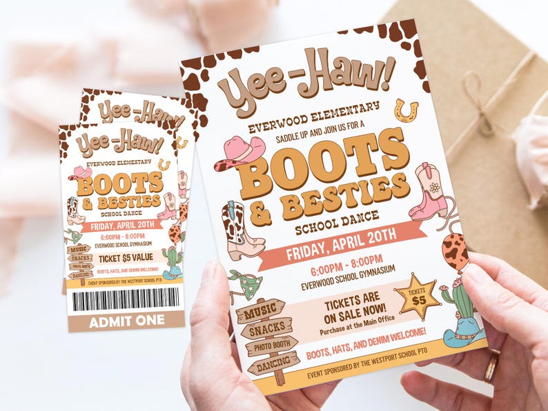 Country Western Barn Dance Flyer & Ticket Templates | Editable PTO PTA ...