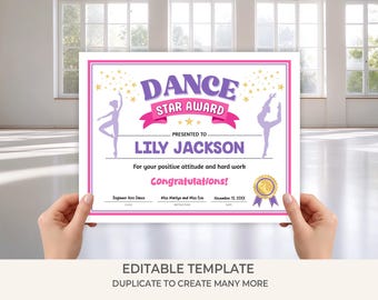 Dance Star Certificate Template | Editable Dance Award for Kids | Printable Dancing Certificate