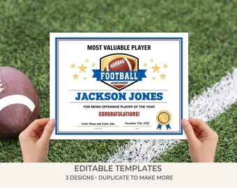 Football Award Certificate Templates | Editable American Football Certificates for Kids | Printable Team Certificates