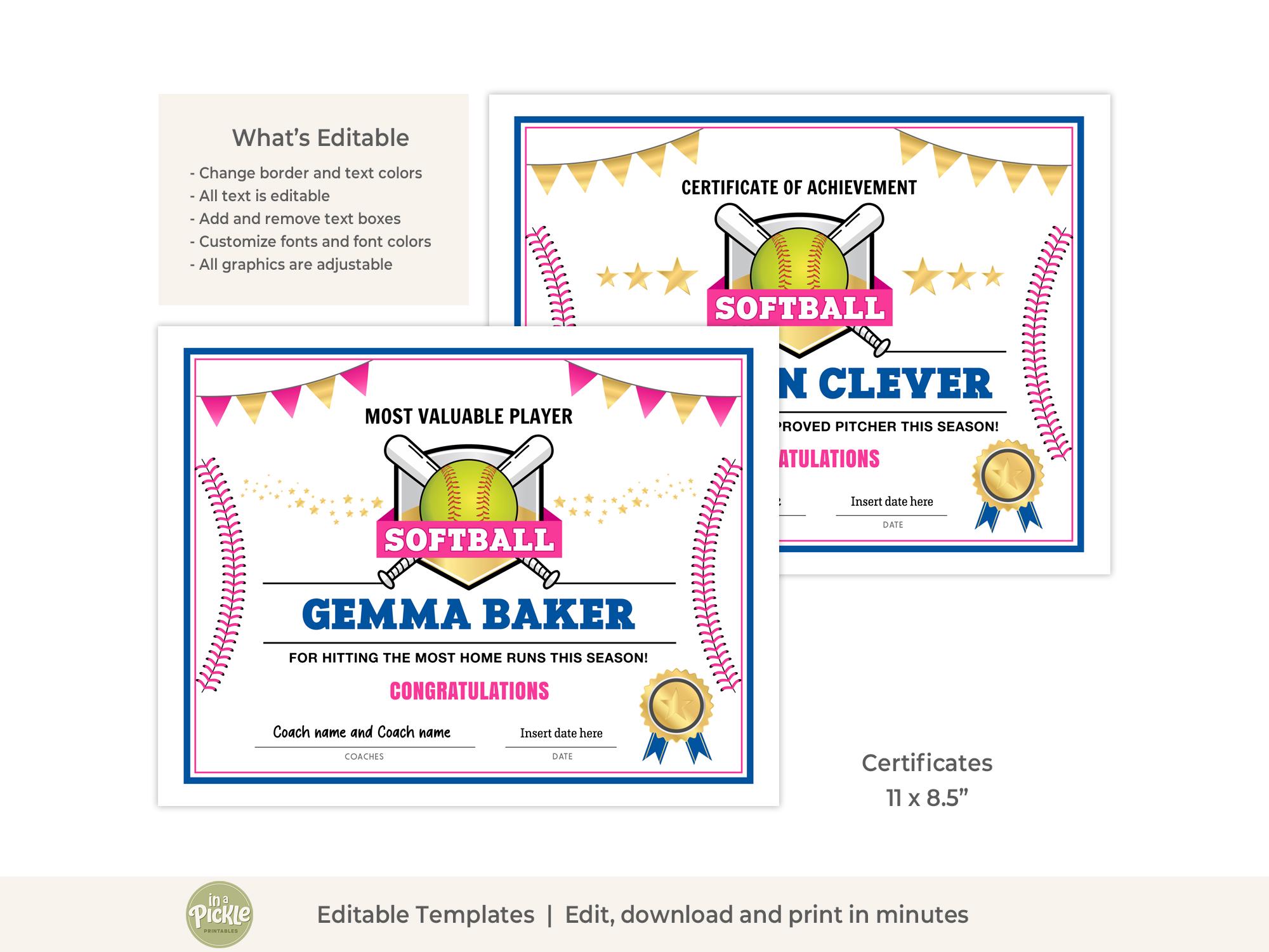 Congratulations Softball Softball Participation Certificate Template | Editable Softball Award ...