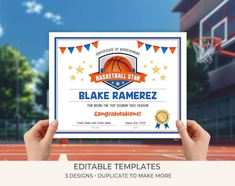 Basketball Star Certificate Templates | Editable Basketball Award for Kids | Printable Team Certificates