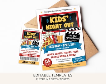Kids Night Out Flyer & Ticket Templates | Editable PTO PTA School Fundraiser | Parents Night Out Printable