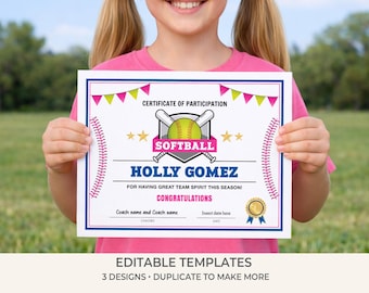 Softball Participation Certificate Template | Editable Softball Award | Team Certificate Printable