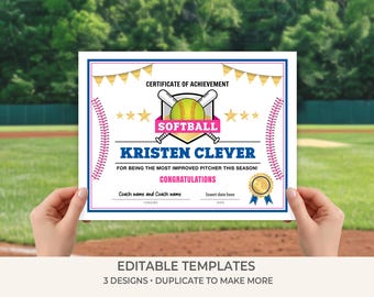 Softball Award Certificate Bundle | Editable Softball Certificates | Team Awards Printable