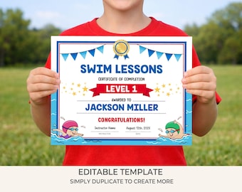 Swim Lesson Certificate Template | Editable Swimming Certificate of Completion | Printable Kids Learn to Swim Award