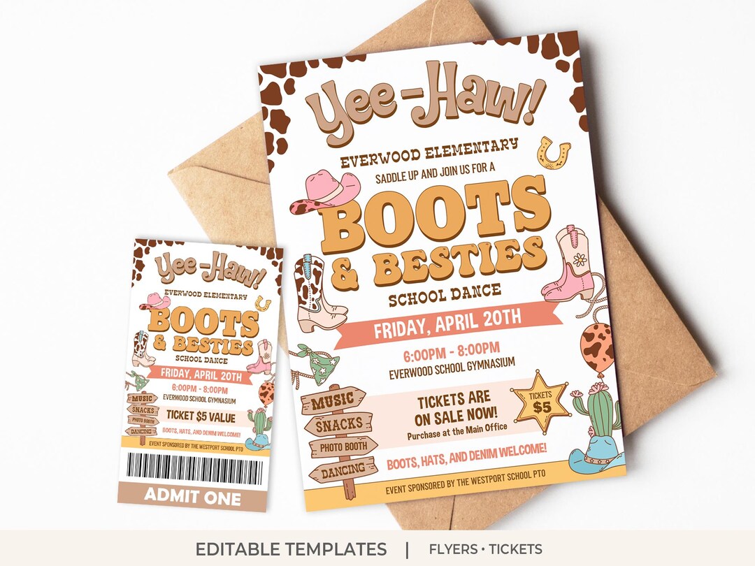 Country Western Barn Dance Flyer & Ticket Templates | Editable PTO PTA ...