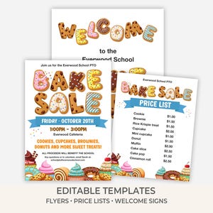 May include: Editable bake sale templates with flyers, price lists, and welcome signs. The designs feature illustrations of baked goods and text that reads "Welcome," "Bake Sale," and a price list. Measurements are in cm.