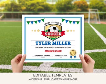 Soccer Award Certificate Template | Editable Soccer Certificates | Team Awards Printable