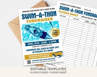 Swim-a-Thon Fundraiser Flyer & Pledge Sheet Template | Editable Swim Team Event