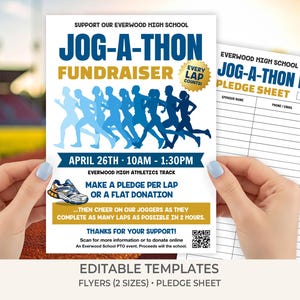 Puede incluir: Un folleto y una hoja de promesa para una recaudación de fondos de Jog-A-Thon. El folleto presenta texto azul y dorado con figuras corriendo. El evento es el 26 de abril, de 10:00 a 13:30. La hoja de promesa tiene espacios para nombres de patrocinadores y donaciones.