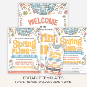 Spring Fling School-dansset | Bundel met bewerkbare flyer en welkomstbord | Sjabloon PTO PTA-schoolevenement
