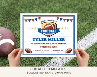 Football Participation Certificate Template | Editable Football Award | Printable Team Certificates