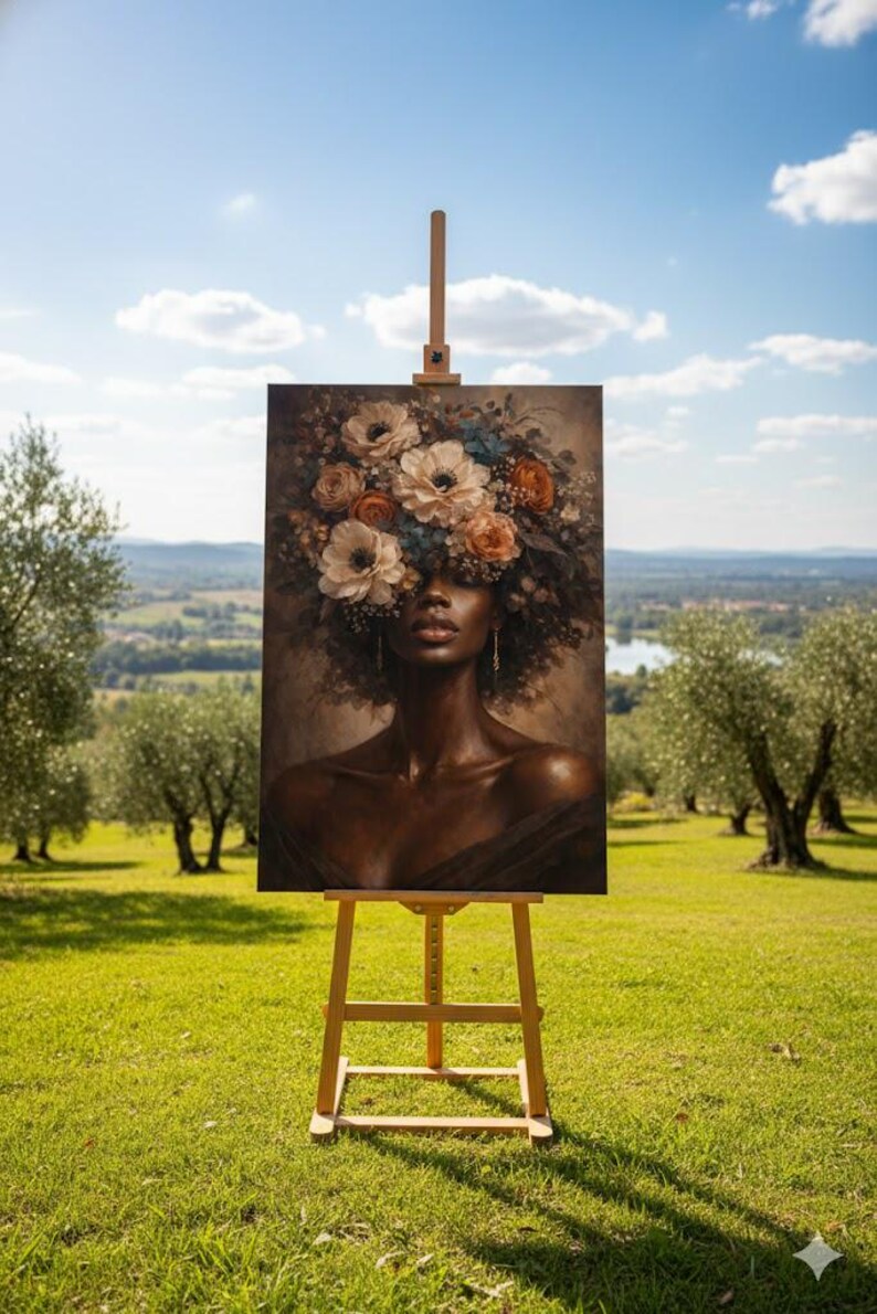 Midnight Bloom Floral Portrait Canvas, Elegant Black Woman Wall Art ...