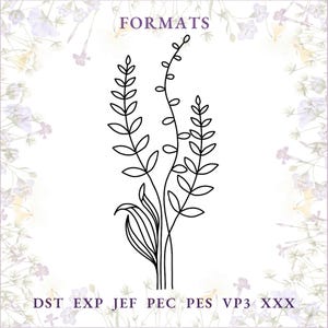 May include: Black and white line art of stylized floral sprigs. The image features three stems with leaves and the word "FORMATS" at the top. Below the floral design are the abbreviations: DST, EXP, JEF, PEC, PES, VP3, and XXX.