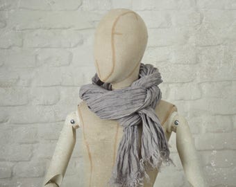 PURPLE GREY LINEN scarf / soft fringe