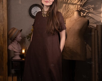 short-sleeve linen long dress MONK with pockets