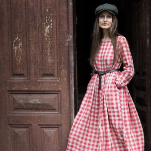 knock knock linen dress retro shawl collar linen dress STUDIO, button up dress pockets