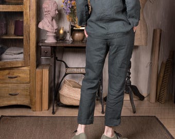 Pantalones de lino clásicos SIMPLICIDAD / pantalones de cintura elástica / pantalones de lino cónicos / pantalones de mujer minimalistas / pantalones de verano cómodos