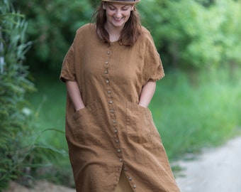 Linen Buttoned Dress | summer linen dress with pockets | loose linen dress for women | cottage linen dress | plus size dress | smock dress