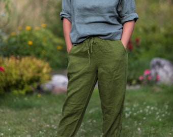 linen pants SIMPLICITY | drawstring pants | linen trousers | high waist pants | loose linen pants | casual linen pants