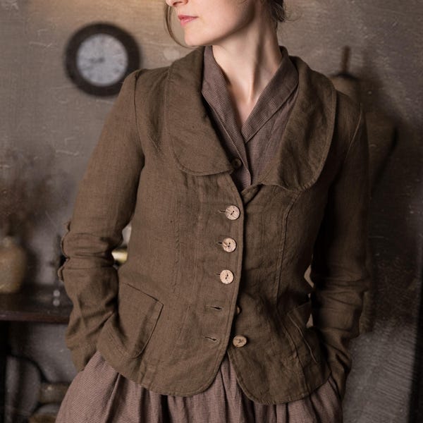 Damen Retro Leinenjacke PAINTER, schmal geschnittener Blazer im Vintage-Stil mit rohen Ellbogenpatches