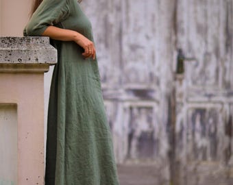 Linen Dress, Loose Maxi with Pockets, Custom Length - CREEK