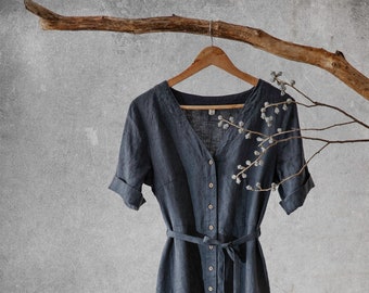 en lin « AMELIE » | robe vintage | robe française | Robe à col en V | robe boutonnée | robe d'été en lin | robe rétro | robe d'été en lin