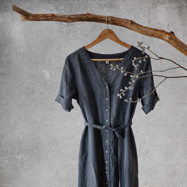 linen dress 'AMELIE' | vintage dress | french dress | V-neck dress | buttoned dress | summer linen dress | retro dress | linen summer dress