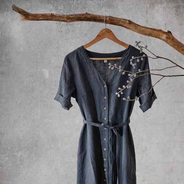 retro linnen jurk met knopen AMELIE, vintage midi-jurk in Franse stijl