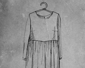 linen dress PEONY | loose summer dress with high gathered waist | long sleeve linen dress | plus size linen dress | dress with pockets