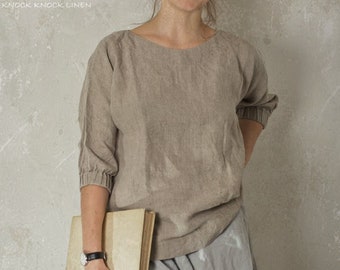 linen top MOON | loose linen top with gathered cuff and boat neck | loose summer blouse | linen top women | romantic linen blouse