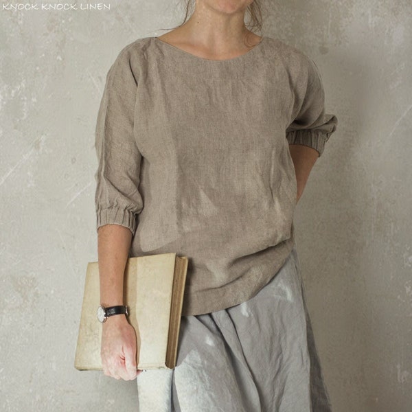 linen top MOON | loose linen top with gathered cuff and boat neck | loose summer blouse | linen top women | romantic linen blouse