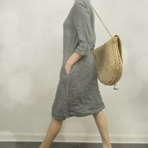 linen dress DUNE | dress with sleeves and pockets | summer dress women | below the knee dress with split neck
