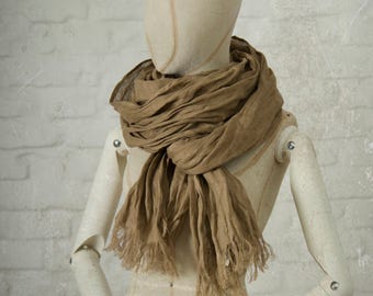 LIGHT BROWN LINEN scarf | soft fringe