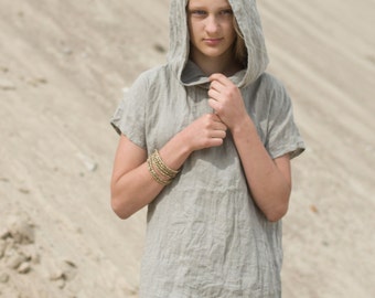 linen hoodie dress FOREST | loose linen dress with a short sleeves | linen summer pullover dress | jumper dress women