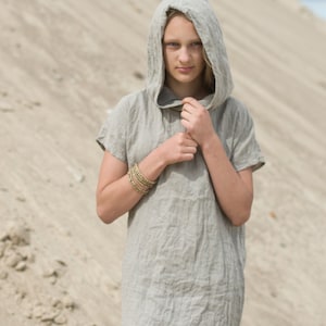 linen hoodie dress FOREST | loose linen dress with a short sleeves | linen summer pullover dress | jumper dress women